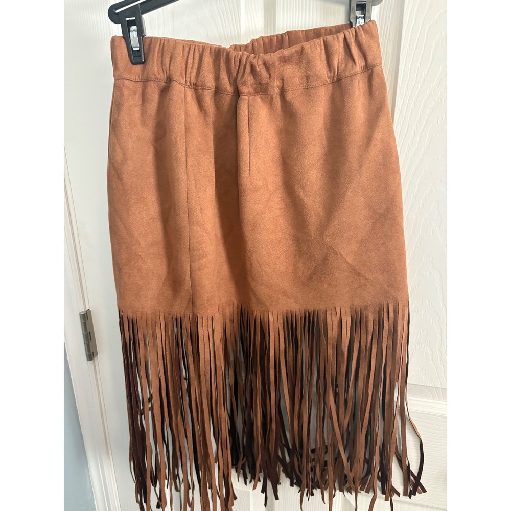 Noless Tan Suede Fringe Skirt Women's Size S Elastic‎ Waist Boho Festival